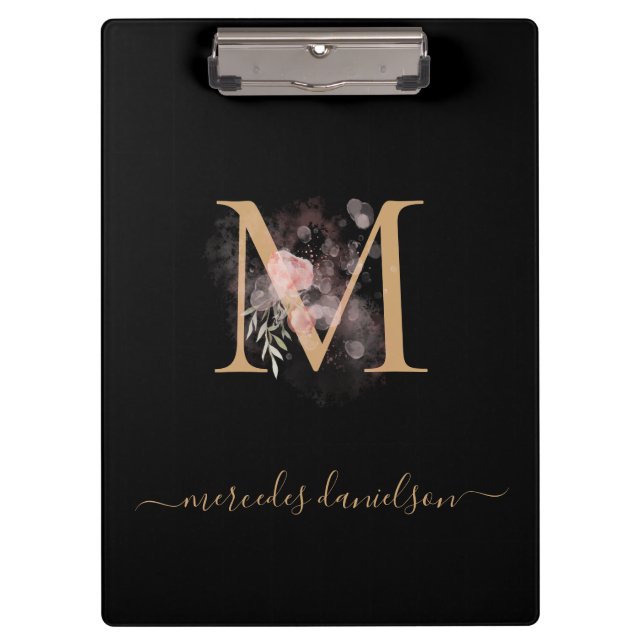 Porte-bloc Blush Floral Monogrammé Or Noir Moderne   (Devant)