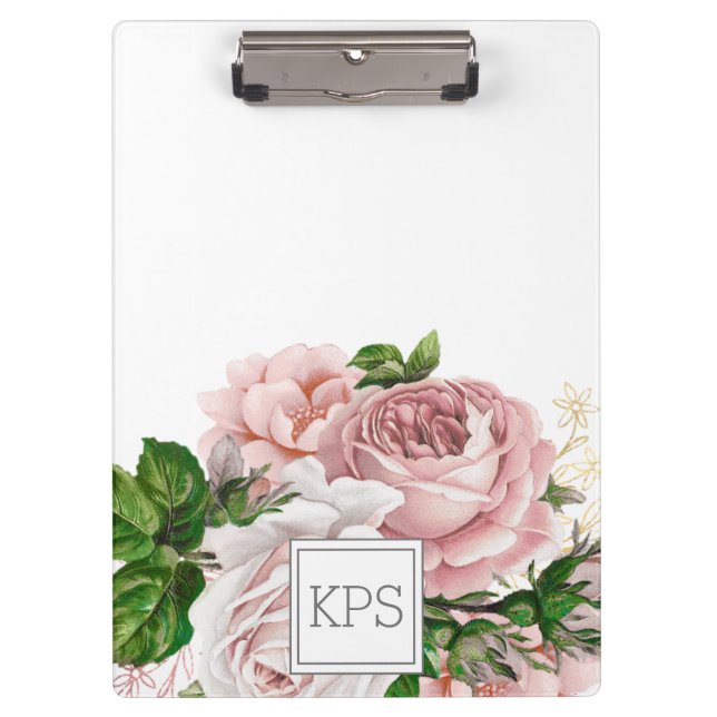 Porte-bloc Blush Rose Fleurs Aquarelle Monogramme Blanc (Devant)