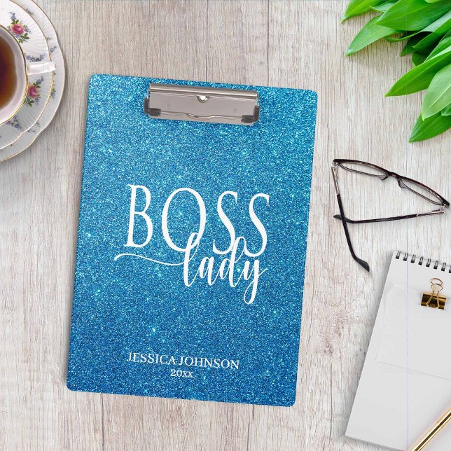 Porte-bloc Boss Lady Blue Sparkle and White Script (Créateur téléchargé)