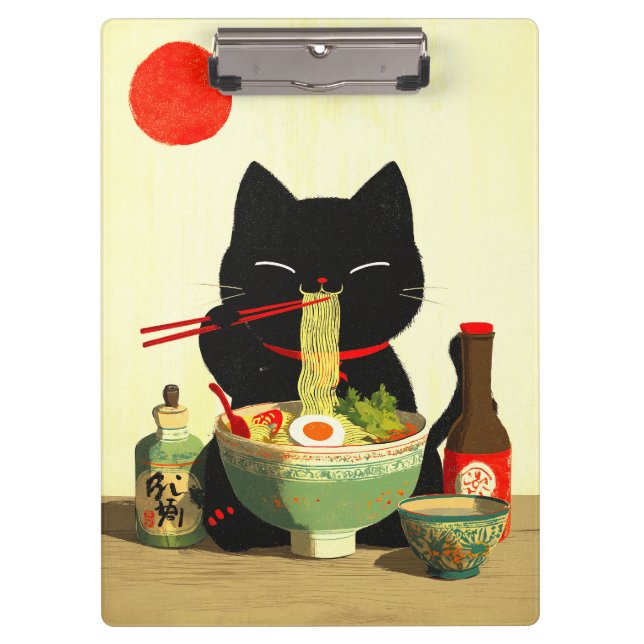 Porte-bloc Chat noir heureux mangeant du Ramen | Ukiyo-e japo (Devant)
