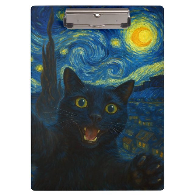 Porte-bloc Chat noir Starry Nuit Van Gogh Chat Selfie (Devant)