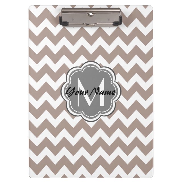 Porte-bloc Chevron beige, Monogramme gris, Nom personnalisé (Devant)