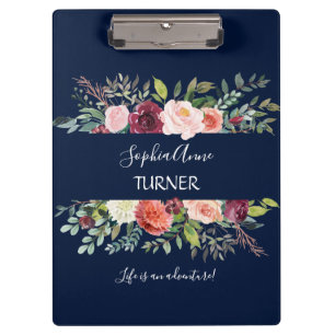 Porte-bloc Chic Bourgogne Blush Floral Navy Monogramme bleu