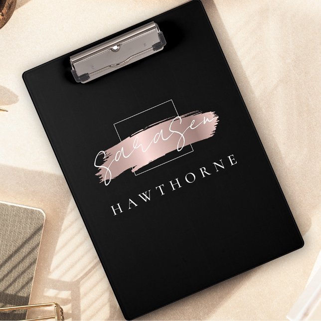Porte-bloc Chic Brush Stroke Black Faux Rose Gold Monogramme (Créateur téléchargé)