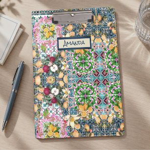Porte-bloc Chic carreaux floraux de citrus siciliens bleus ro
