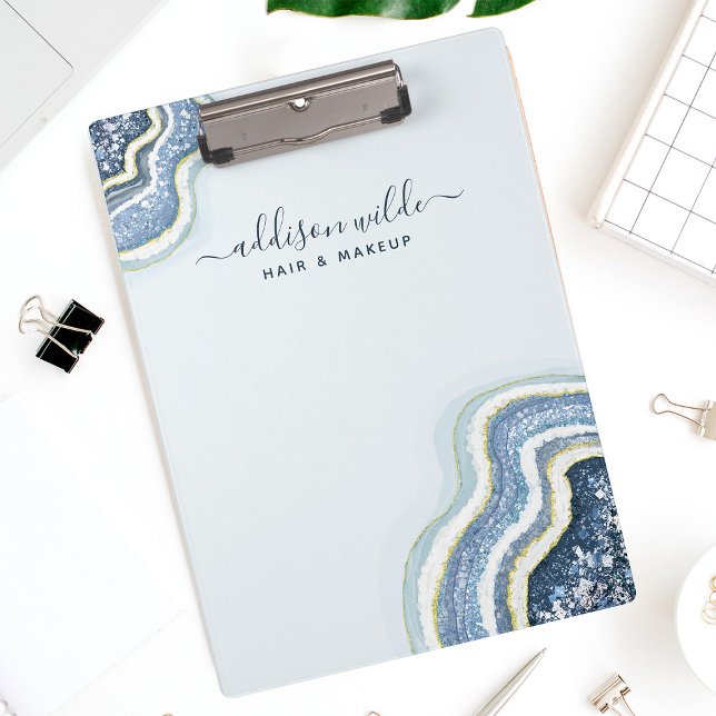Porte-bloc chic luxe en agate géode pailletée bleu (Créateur téléchargé)