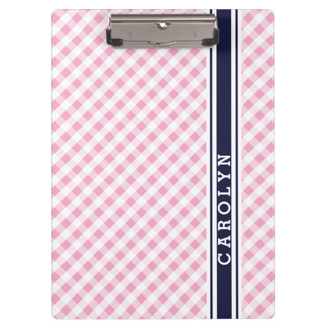 Porte-bloc chic preppy rose marine en vichy motif monogramme (Devant)