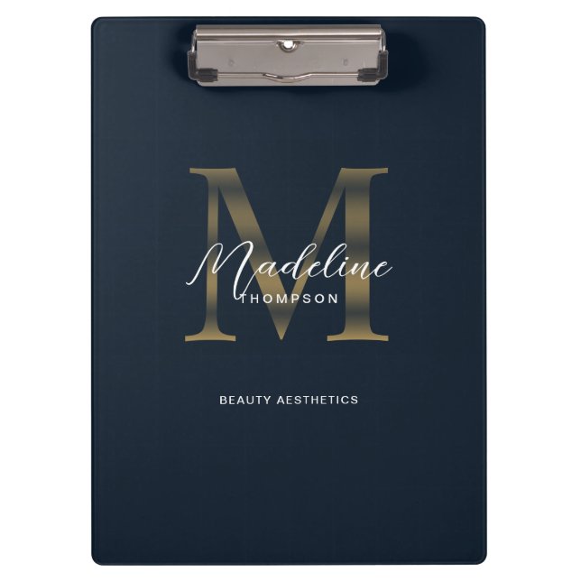 Porte-bloc Chic Script métallisé bleu marine or monogramme (Devant)