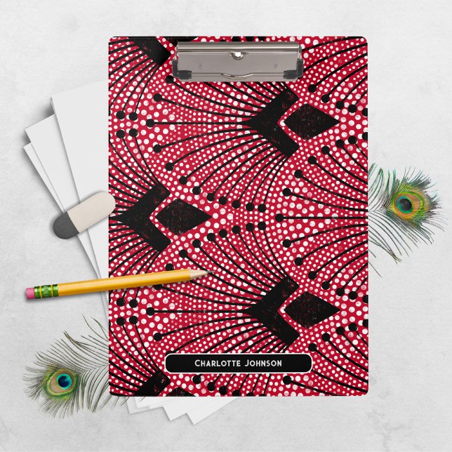 Porte-bloc Classic Art Déco Rouge Noir Blanc Peacock Motif (Timeless Art Deco Red Black White Peacock Pattern Clipboard ©Susanne Sachers - Sunny Mind 🌞)