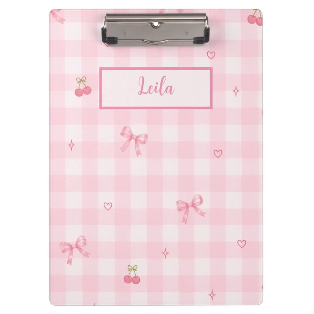 Porte-bloc Conception de nom de script à nœud cerise en vichy (Devant)