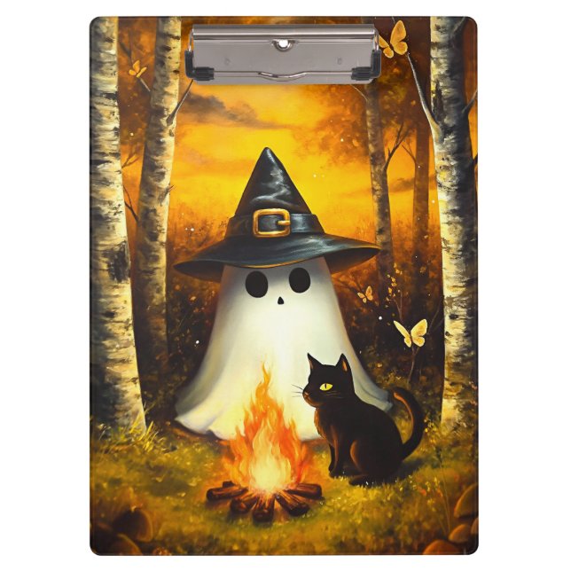 Porte-bloc Cosy Halloween Ghost & Black Cat Campfire Art (Devant)