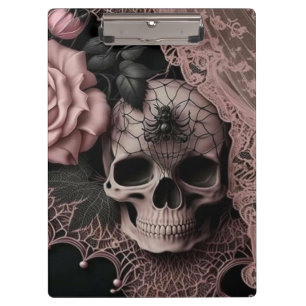 Porte-bloc Crâne avec dentelle rose et fleur rose doux