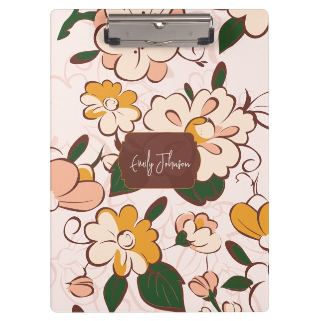 Porte-bloc Custom Name Retro Floral Meadow Cream Peach Yellow (Devant)