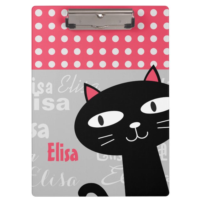 Porte-bloc Cute Chat Noir Pois Rose Ajouter Votre Nom (Devant)