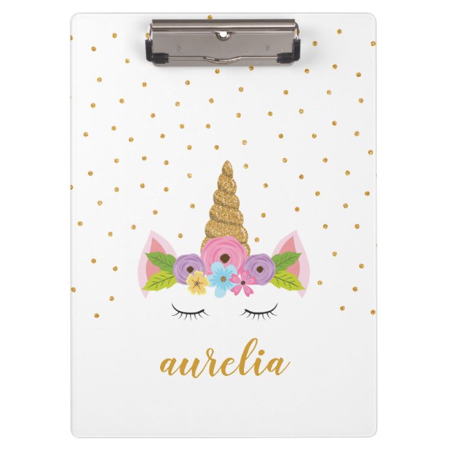 Porte-bloc Cute Unicorn Gold Parties scintillant Girl Nom per (Devant)