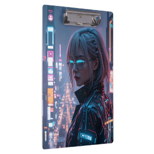 Porte-bloc Cyberpunk Cityscape Poster Futuriste Femme Hacke