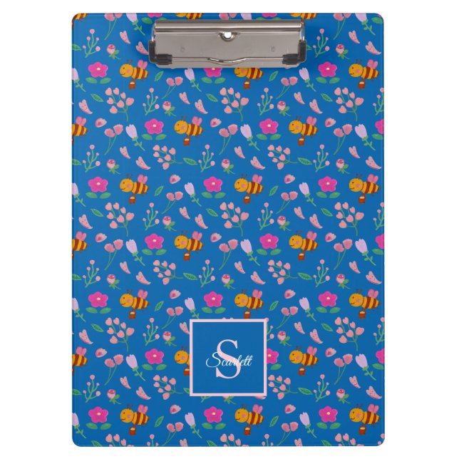 Porte-bloc d'abeilles mignonnes Monogramme Nom bleu (Devant)