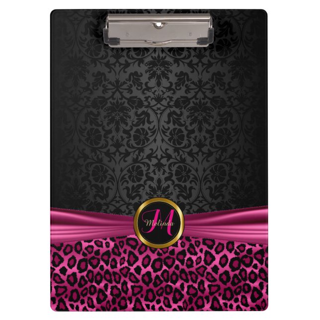 Porte-bloc Damas noir et design léopard rose vif (Devant)