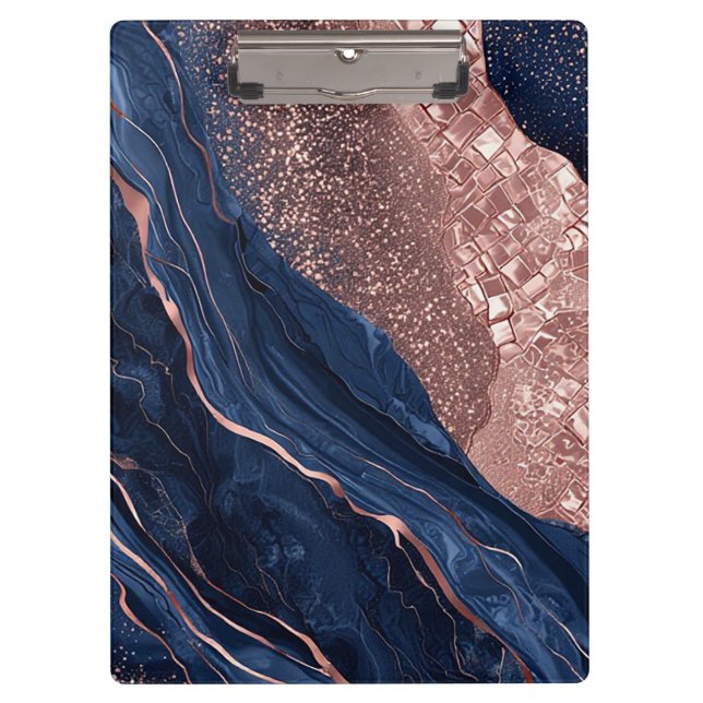 Porte-bloc Design Marbré Abstrait Navy et Or Rose (Devant)