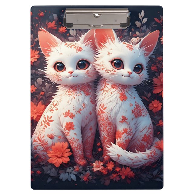 Porte-bloc Deux chatons blancs et fleurs (Devant)