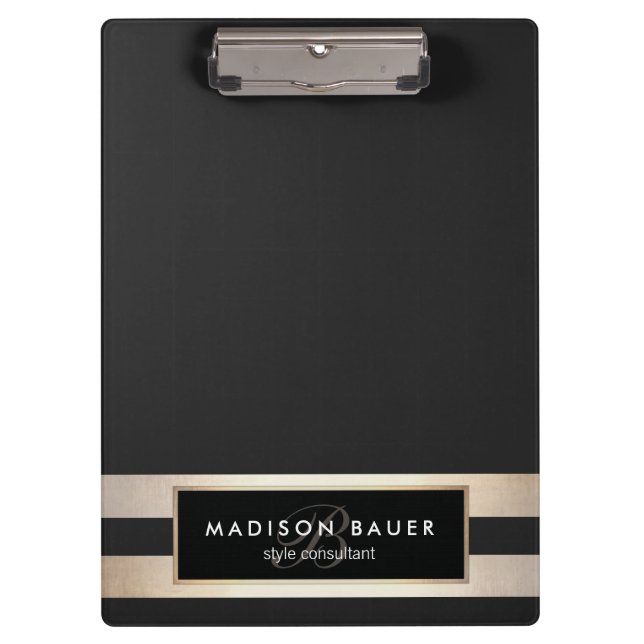 Porte-bloc Élégant Monogam rayé noir et FAUX Gold Foil (Devant)