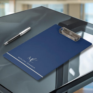 Porte-bloc Elégant Personnalisé Monogramme d'argent bleu mari