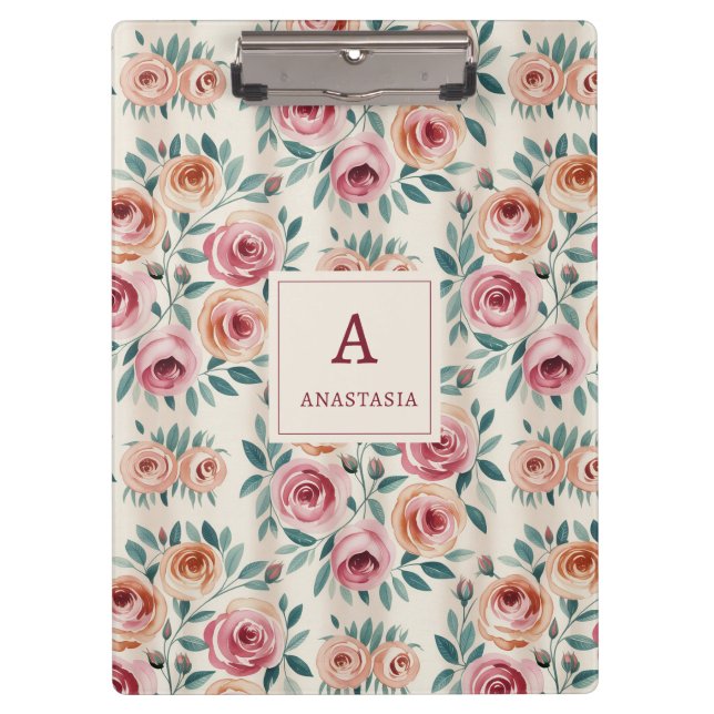Porte-bloc Elégante aquarelle Joli monogramme floral (Devant)