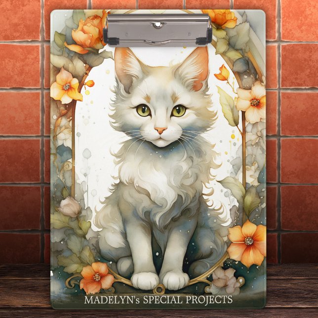 Porte-bloc Elégante aquarelle Kitty Porte - bloc floral artis (Clipboard featuring an adorable watercolor illustration of a kitty with a floral arch.)