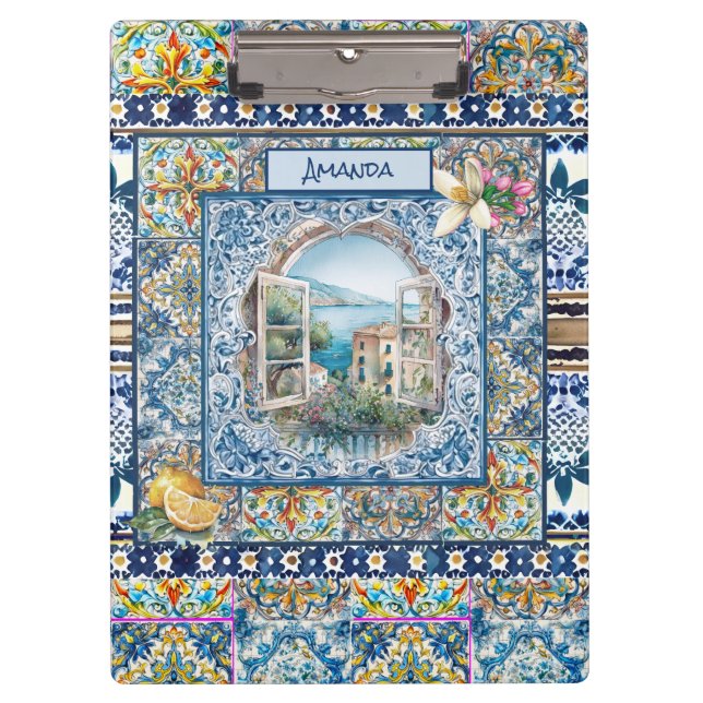 Porte-bloc été italie carreaux bleu floral citrus monogramme (Devant)