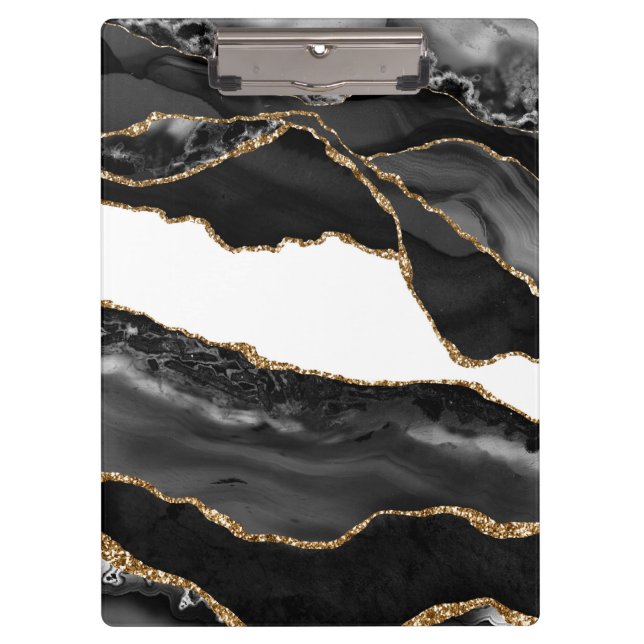 Porte-bloc Fausse Agate Marbrée Pierre Noire Luxueuse Or (Devant)