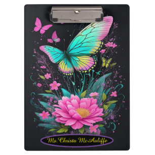 Porte-bloc fille aquarelle rose floral turquoise papillons