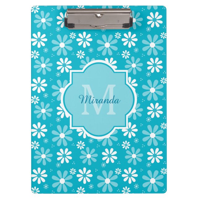Porte-bloc Fille Monogramme Turquoise Daisy Fleurs Avec Nom (Devant)
