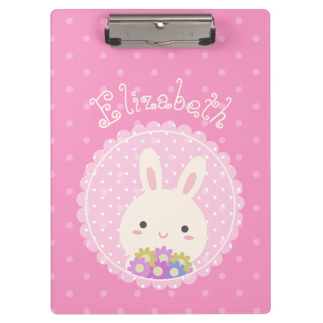 Porte-bloc Fille rose mignonne Kawaii Bunny & Fleurs Nom Pers (Devant)