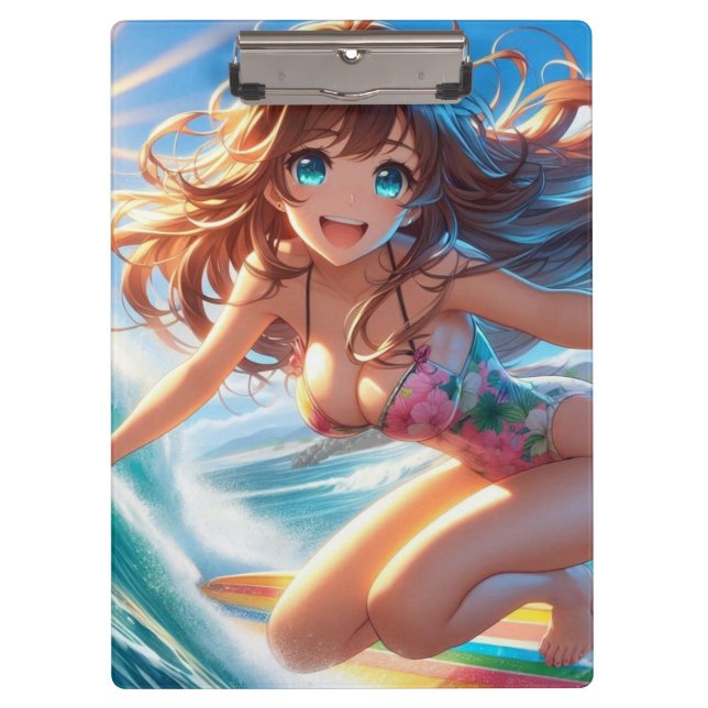 Porte-bloc Fille surfeuse d'anime côtier/nautique/tropical (Devant)