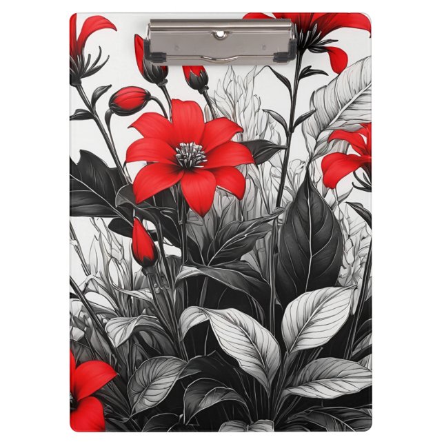 Porte-bloc Fleur rouge sur Plante noir blanc (Devant)