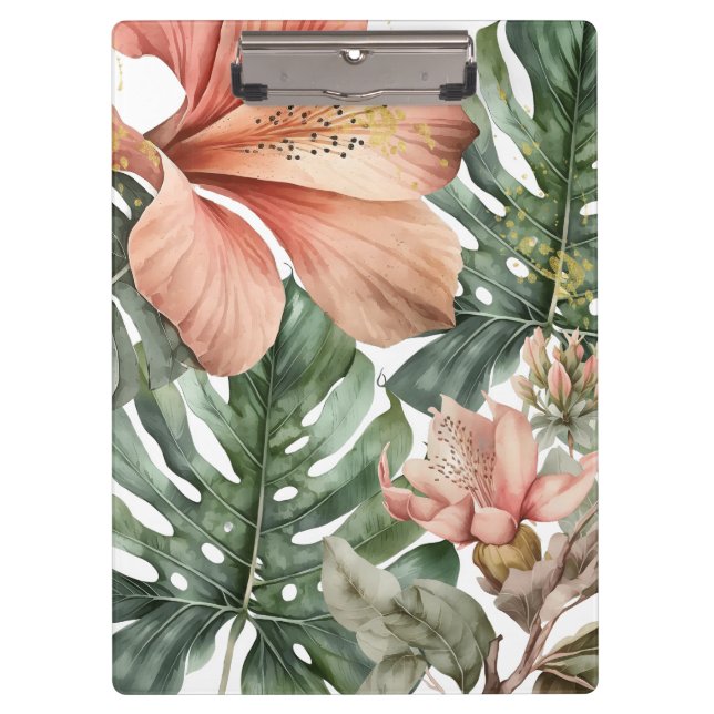 Porte-bloc Fleur tropicale jungle aquarelle vert pêche or écl (Devant)