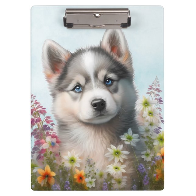 Porte-bloc Fleurs à l'aquarelle et chiot husky sibérien (Devant)