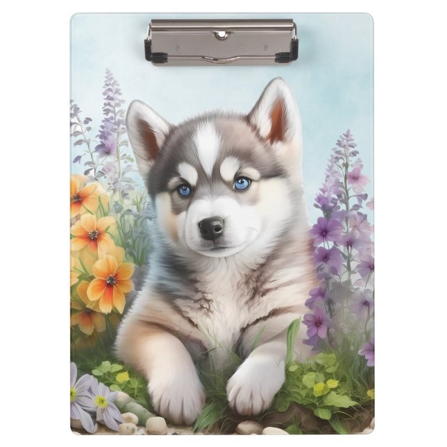 Porte-bloc Fleurs à l'aquarelle et Husky sibérien (Devant)