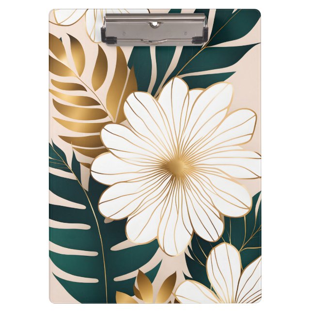 Porte-bloc Fleurs blanches élégantes au feuillage vert et or (Devant)