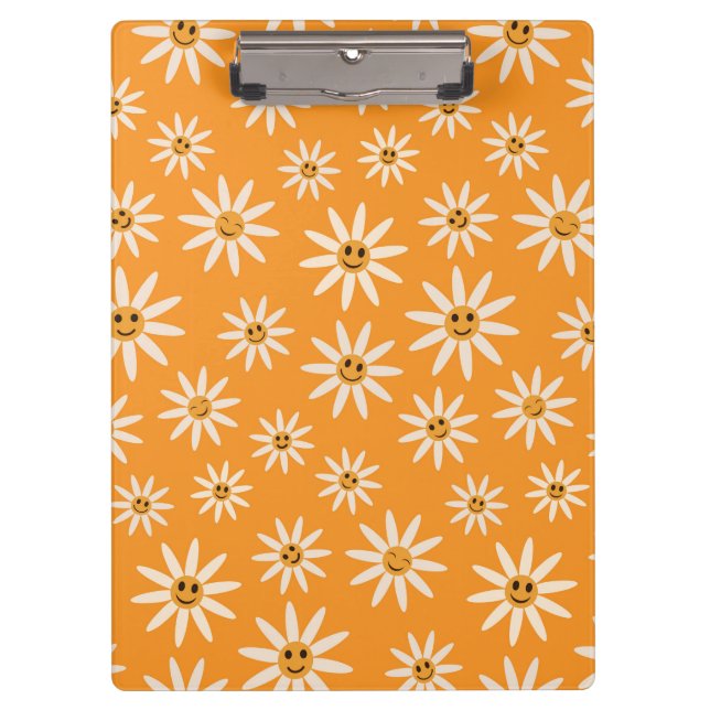Porte-bloc Fleurs blanches rétro souriantes sur fond orange  (Devant)