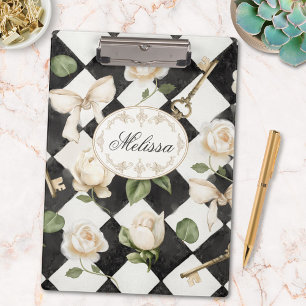 Porte-bloc Fleurs de rose vintage en diamant noir et blanc Mo