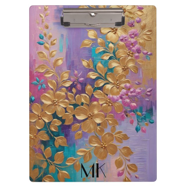 Porte-bloc Fleurs D'Or Peintes Sur Lilac Rose Turquoise (Devant)