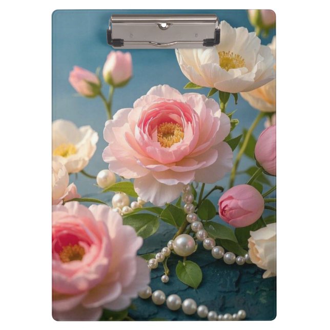 Porte-bloc Fleurs élégantes rose clair blush avec perles  (Devant)