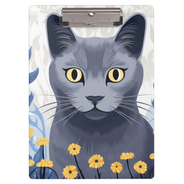 Porte-bloc Fleurs Jaunes Chat Bleu Russe (Devant)