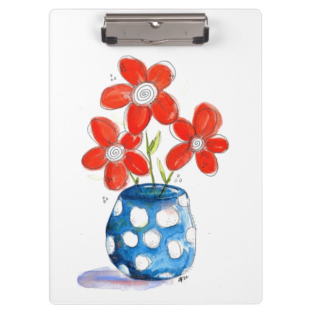 Porte-bloc Fleurs orangées Whimsical dans Vase Bleu (Devant)