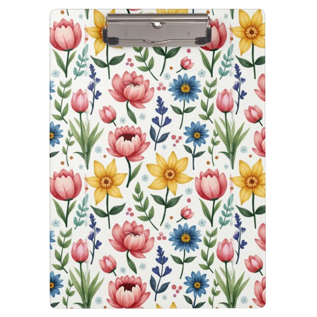 Porte-bloc Fleurs printanières en bleu rose et jaune (Devant)