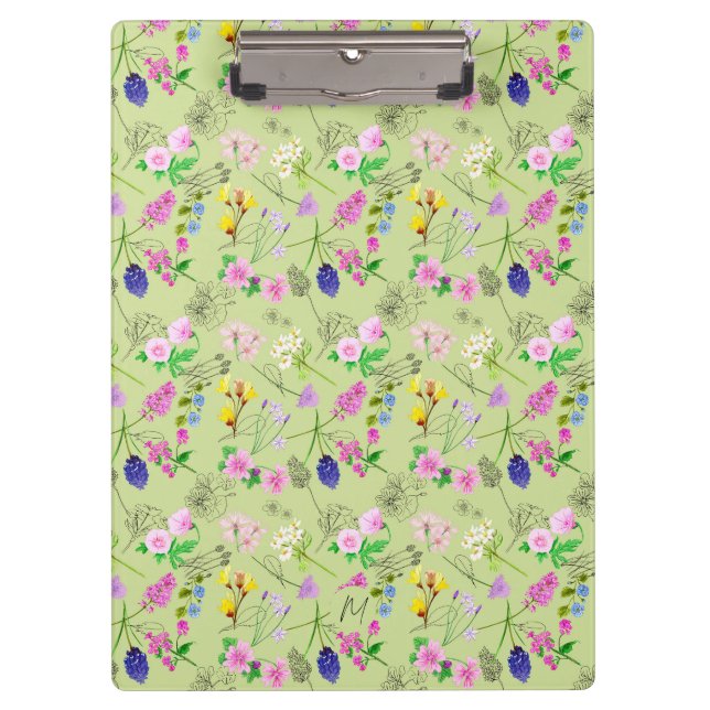 Porte-bloc Fleurs sauvages d'aquarelle délicats sur vert (Devant)