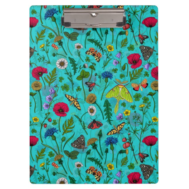 Porte-bloc Fleurs sauvages et papillons de nuit sur turquoise (Devant)