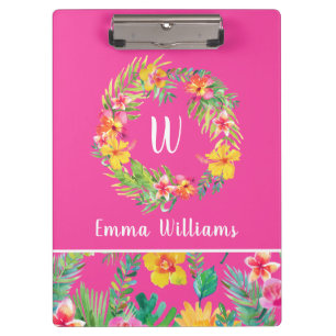 Porte-bloc Fleurs tropicales Wreath Fuchsia Monogramme rose
