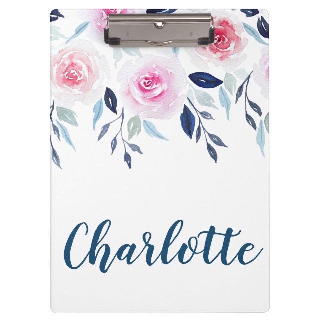 Porte-bloc Floral rose Roses Aquarelle Nom personnalisé (Devant)